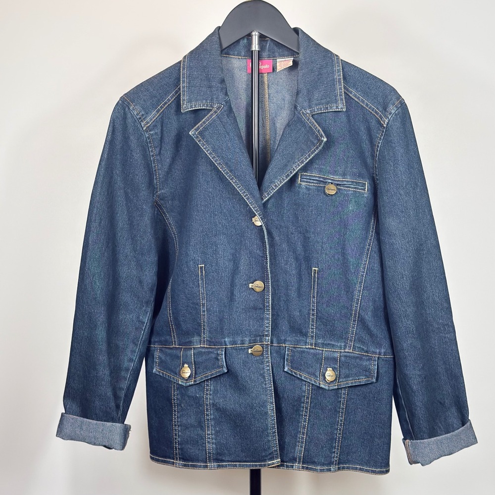 Pappagallo Denim Blazer Women 8 Blue Button Front Stretch Casual Classic Chic